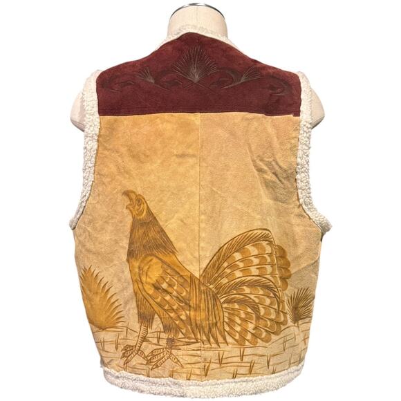 Vintage Pyrographed leather Suede Rooster Western Sherpa lined Vest size XL - Picture 5 of 16